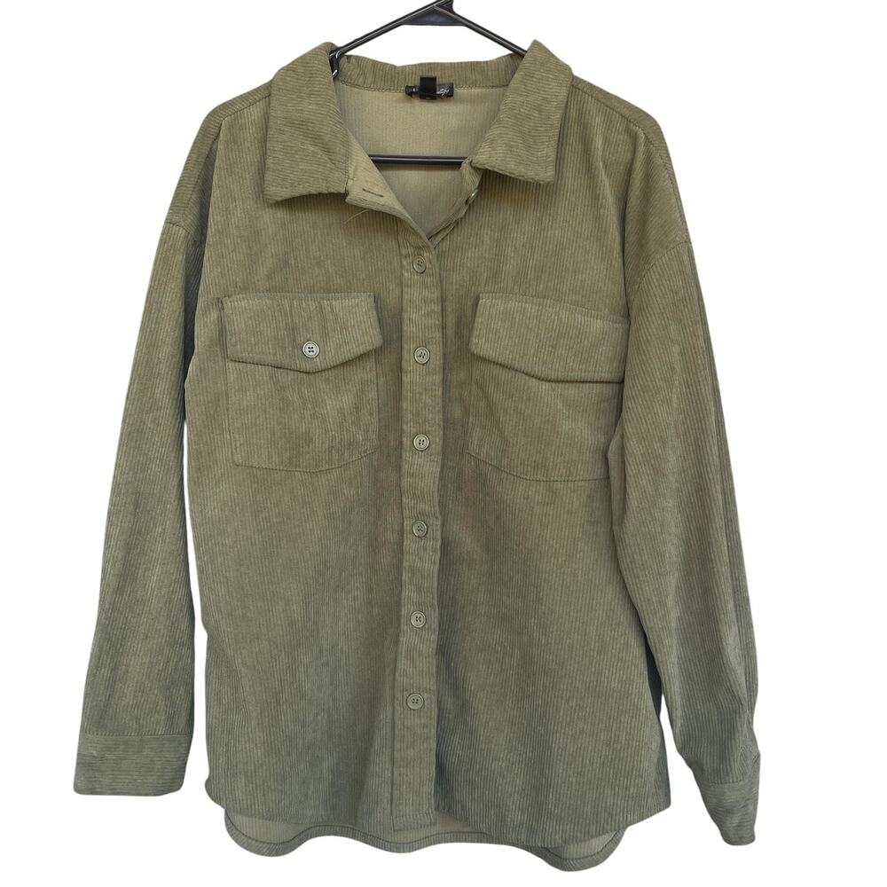 Justify Shirt Womens Large Green Corduroy Button Front Long Sleeve Utility Top